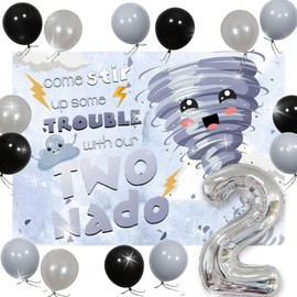 LaVenty Two Nado Birthday Decorations Blue 2nd Tornado Theme Party Supplies Backdrop Banner Balloons Black Balloons Boy 2nd Birthday