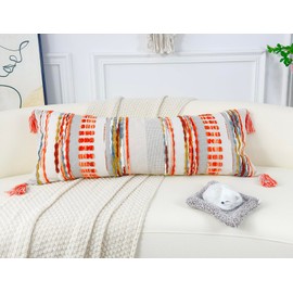 NUYECY Chenille and Cotton Long Pillow for Bed,Striped Textured Boho Long Lumbar Throw Pillow Cover 14x36,Neutral Accent Decorative Extra Long Body Pillow Case for Couch Sofa Bedroom,Red