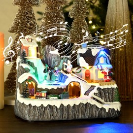 Valery Madelyn Christmas Village Scene with LED Lights and Train, Battery Operated Musical Resin House Gift for Christmas Home Indoor Decorations,Santa Claus and Winter Wonderland Cottage, 9 Inch