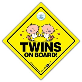 Twins On Board Car Sign, Baby on Board Sign in Yellow and Black With Suction Cup Attachment for Twins