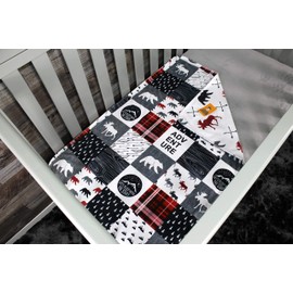 Dear Baby Gear Deluxe Baby Blankets, Custom Minky Print Double Layer, Northwood Adventure Faux Quilt and Moose with Bears, 38 Inches by 29 Inches