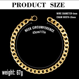 18K Gold Plated Dog Chain Collar-3/4 Inch （20mm）Width Cuban Link Durable Dog Necklace, Cute Fashion Pet Collar for Pit Bulldog, Light Metal Jewelry Bold Chain Puppy Accessories