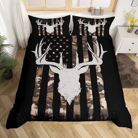American Flag Duvet Cover, Deer Hunting Bedding Set Twin Size for Kids Boys Teens Bedroom, Brown Military Camo Comforter Cover Usa Federations Stars Bed Cover with 1 Pillowcase, Zipper Closure