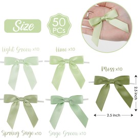 AIMUDI 5 Colors Sage Green Satin Ribbon Bows 2.5" Satin Twist Tie Bows for Gift Wrapping Premade Satin Bows for Making Crafts Treat Bag Baby Shower Birthday Party Wedding Decoration, 50 PCs