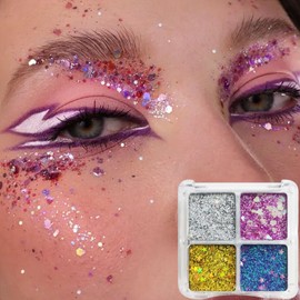 Glitter Eyeshadow Palette, 4-Colour Eye Shadow Pallets for Women, Bright Pink Golden Purple Silver Sequins Makeup Palettes, Shiny Party Eyeshadow Gift for Girls & Women