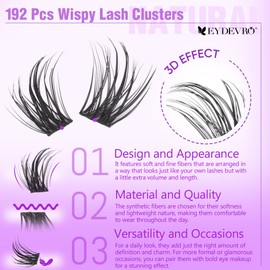 EYDEVRO Wispy Cluster Lashes Kit Natural Eyelashes Individual Kit 192 Pcs 8-16mm Lash Extension kit CD Curl Eyelash Extension Kit Lashes Individual Cluster Kit