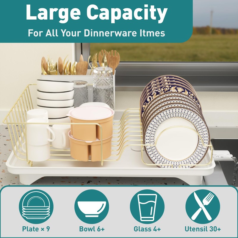 Buruis Dish Drying Rack for Kitchen Countertop, Large Capacity Gold
