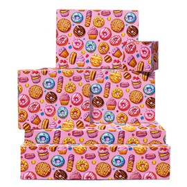 Girls Wrapping Paper Birthday - Donut Cupcake Macaron Pattern - 6 Sheets Of Gift Wrap For Her - Pink Wrapping Paper For Women - Comes With Stickers - By Central 23