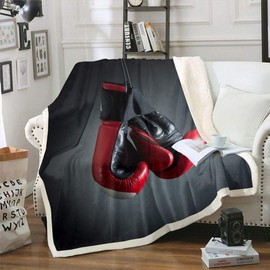 Loussiesd Boxing Fleece Throw Blanket for Bed Sofa Sports Games Theme Plush Blanket Decorative 3D Boxing Gloves Sherpa Blanket Warm Fuzzy Blanket Black Single 50x60 Inch