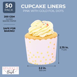 50 Pack Gold Polka Dot Paper Baking Cups, Pink Cupcake Wrappers (2.2 In)