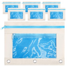 Kosiz 6 Pcs Pencil Pouch, 3 Ring Binder Pencil Pouch, 2 Layer Zipper Pencil Case with Mesh Window, Wear Resistant Oxford Fabric, Multicolored for Student Teacher (Beige and Blue)