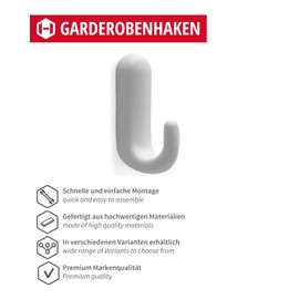 Gedotec Coat Hooks Plastic GA98 Single Hooks Pack of 10 Including Mounting Material White Matt Hooks Invisible Mounting for Wardrobe and Wall Mounting Modern