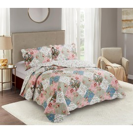 Brilliant Sunshine Peach and Olive Flowers Patchwork, 3-Piece Quilt Set with 2 Shams, Reversible Bedspread, Soft Lightweight Coverlet, All-Season, Full/Queen, Peach Olive