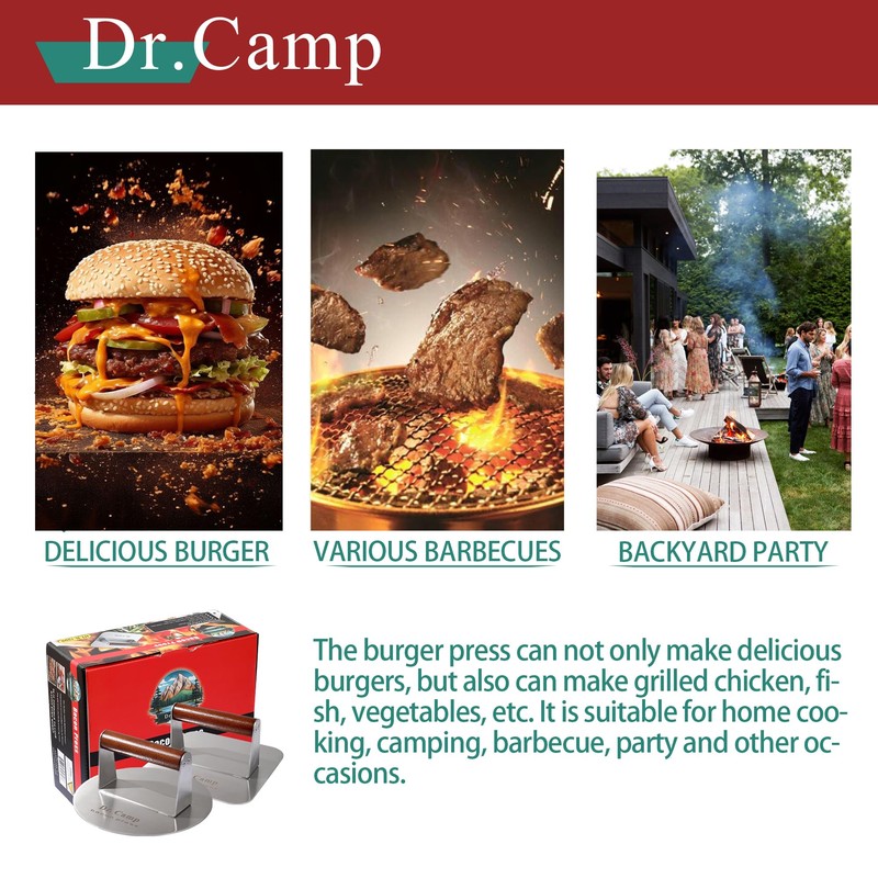 Dr.Camp 2 Pack Stainless Steel Burger Press with Real Wood