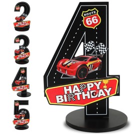 BAOOOFUL Race Car Theme Number Sign 4th Birthday Centerpiece Wooden Table Decoration for Four Years Old Birthday Decorations,Party Supplies,Photo Props (11 Inches)