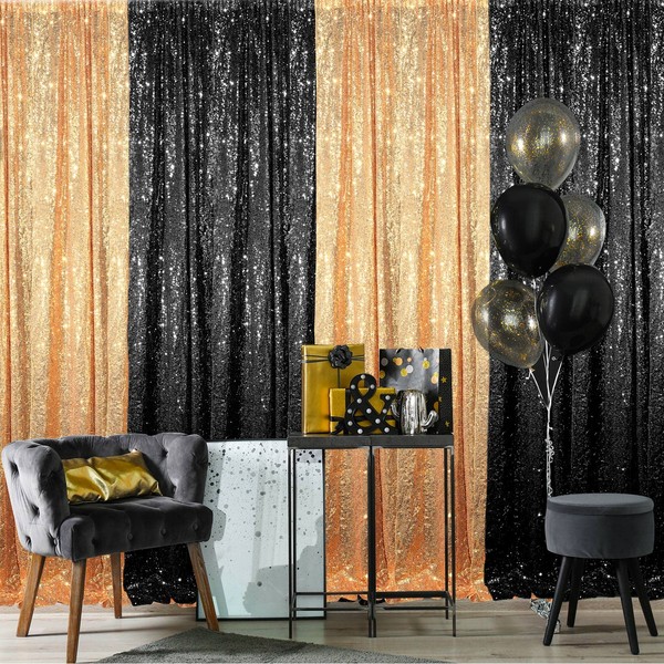 4 Panels Sequin Backdrop Curtain 2 ft x 8 ft, Backdrop Curtain for Party Sequin Backdrop Glitter Curtain for Congrats Grad Graduation Party Decorations, Birthday, Wedding (Black, Gold)