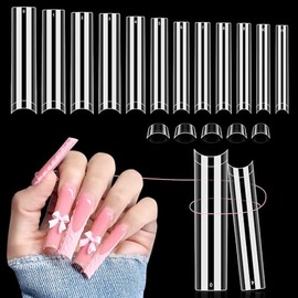 LIONVISON 504 puntas de uñas acrílicas transparentes profesionales, curvas sin C, extra largas, 3XL, 12 tamaños, semicubiertas, rectas, cónicas, cuadr