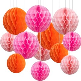 CC wonderland zone Pack of 12 Orange and Pink Paper Honeycomb Balls, Hanging Tissue Paper Honeycomb Balls for Party Decoration (6 inches and 10 inches)