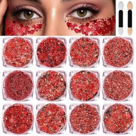 Face Hair Body Glitter, 12 Shapes Fine Chunky Glitter Gel for Women Girls Kids Makeup, Body Hair Nail Face Paint for Rave Accessories Singer Concerts Mermaid Festival (Red Scheme)