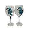 Seahorse Blue Green Hand Painted Wine Glasses Set of 2