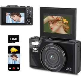 5K Digital Camera, WiFi 75MP Vlogging Cameras, 18X Autofocus Point and Shoot Digital Cameras with 3in 180°Flip Screen, Compact Vlog Travel Camara with SD Card for Photography (Black)