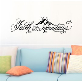 Faith Can Move Mountains Matthew 17:20 with Mountains and Sun Rays Wall Sayings Vinyl Lettering Bible Verse Scripture Spiritual Decals (10"H x 35"L, Black)