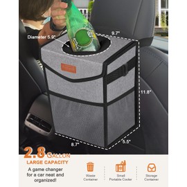 Pritent Car Trash Can with Lid, Cute Leakproof Car Trash Garbage Bag Hanging Vehicle Trash Bin Small Portable Automotive Garbage Cans Organizer for Back/Front Seat/Console(2.8 Gallons,Grey)