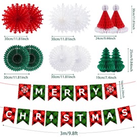 FOGAWA Christmas Ceiling Decorations Retro Reusable Paper Christmas Decorations Hanging Christmas Decorations Merry Christmas Banner Paper Snowflakes Honeycomb Decorations for Xmas Party Decor