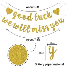DUXUANT Good luck we will miss you Banner dorado con purpurina para fiesta de jubilación de graduación, decoración de fiesta de despedida, oficina, trabajo, fiestas