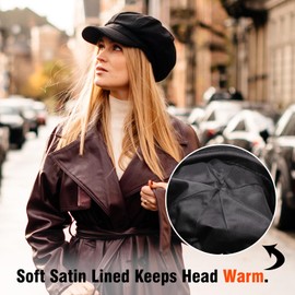 Comhats Newsboy Cabbie Hats for Women Winter Baker Boy Cap Satin Lined Brim Ladies Wool Visor Black Medium