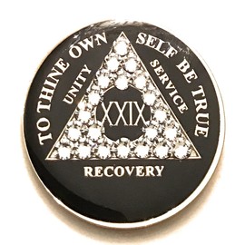 29 Year AA Medallion - Black AA Bling Chip with White Crystals- Sobriety Chip, Token
