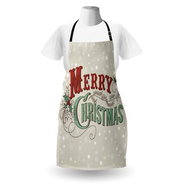 Ambesonne Christmas Apron Pack of 2, Xmas Stars and Snowflakes Backdrop Retro Lettering, Unisex Kitchen Bib with Adjustable Neck, 2 Pcs - Adult Size, Green Eggshell