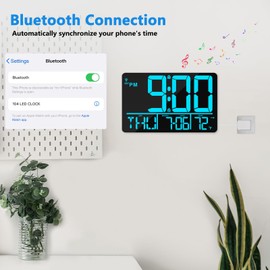 tawiliysy 13" Bluetooth Auto Sync Wall Clock - Large Digital Alarm Clock with Remote, 25 Ringtones, Dual Alarm, Adjustable Brightness, 12/24H, Auto DST, for Living Room, Kitchen, Office, Elderly（Blue）