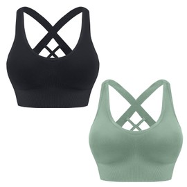 HANERDUN Women's Mittle Support Sports Bra Crossback Push Up Yoga Bra Seamless Without Underwire with Removable Padded for Fitness Running Jogging, 2 Pieces (Black + Light Green)