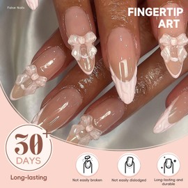 HOSAILY Cute Press on Nails Medium Almond, Gel Pink French Nail Tips with 3D Cute Translucent Bow Design Full Cover Stick on Nails for Women, Glossy Reusable Daily Wear Glue on Nails Kit