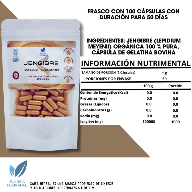 Jengibre 100% Puro Bolsa Con 100 Cápsulas.