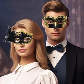 Gold Couple Masquerade Masks Set for Women and Men for Venetian Carnival Party Prop Costume Ball