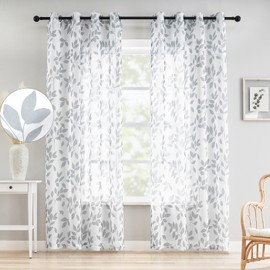 Transparent Curtains, Grey Leaves on White, Voile Curtains with Eyelets, Transparent Curtains, Pattern, Transparent Curtains for Decoration, Living Room, Bedroom, Children's Room, 2 Pieces (140 x 245