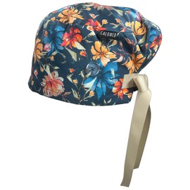 CALOMED Scrub Cap for Women, Euro Style Scrub Caps, Working Hat, Head Cover with Ribbons and Buttons, Long or Short Hair (Winter Color Hibiscus)