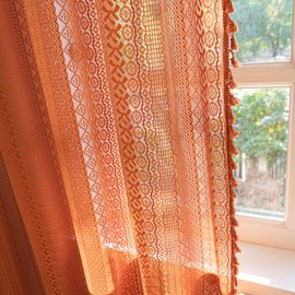 Sutuo Home Burnt Orange Boho Curtains 102 inches Long for Bedroom Dining Room, Crochet Lace Sheer Bohemian Tassels Hollow Knitted,Window Treatment Drapes Fall Decor, Rod Pocket 1 Panel 59" W x 102" L