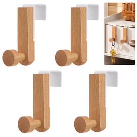 Fiwochic 4 Pcs Wooden Cubicle Hooks, 3 Inch Over The Cabinets Door Towel Holder Heavy Duty Wood White Coat Hangers Natural Rustic Steel Wooden Hook for Wardrobe Cupboard Drawer Kitchen Bathroom
