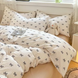 Covebett Black Bow Duvet Cover Single Bows Bowknot Print Kawaii Bedding Set Kids Girls Cute Black White Bow Tie Microfiber Comforter Cover 135x200 cm with Zipper Closure and 1 Pillowcase 50x75 cm