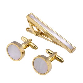 Jonwo Mother of Pearl Men Cufflinks and Tie Clip Set Regular Necktie Tie Bar Pin Cuff Links for Wedding Business Shirt Tie (14K Gold Plated Tie Clip and Cufflinks Set)
