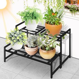 Lilybud--lily Plant Stand Indoor Outdoor, 2-Tier Wrought Iron Plant Stands, Stackable Metal Plant Shelf Decorative Outdoor Flower Stand Heavy Duty Pedestal Stands for Garden Deck Living Room, Black