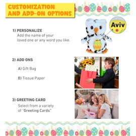 DolliBu White Owl Bird with Yellow Easter Egg Plush and Name Personalization - Cute Stuffed Animals for Easter Basket, Easter Egg Stuffed Animal Spring Toys for Girls, Boy, Baby - 8.5 Inches