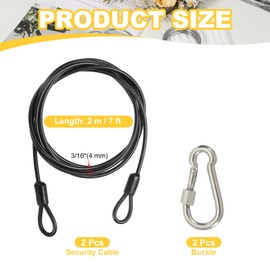 PATIKIL Security Cable 7 ft x 3/16" (4mm), 2Pcs Braided Stainless Steel Coated Safety Wire Rope with Double Loop for Travel Luggage Bicycle Lock Cable, Black