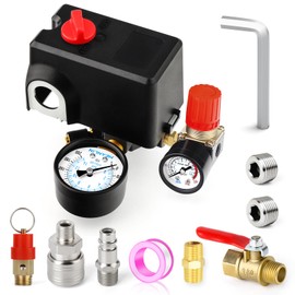 MEANLIN MEASURE Air Compressor Pressure Switch Control Valve 120-155 PSI 110V-240V 4-way Lateral Port Replacement Parts With 0-180 Psi Air Compressor Regulator and Safety Pressure Relief Valve