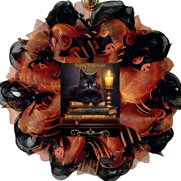 Happy Halloween Gothic Cat Deco Mesh Handmade Wreath Available in