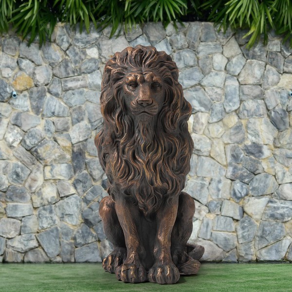 Glitzhome GH20387 Guardian Lion Garden Statue Outdoor Sculpture Decorative, Bronze, 20.5" H