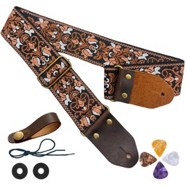 Adjustable Guitar Strap,Comfortable and durable Jacquard Embroidery Cotton Guitar Straps with Crazy Horse Leather Ends and Strap Button,2 Strap Locks and 4 Guitar Picks for Bass, Electric & Acoustic